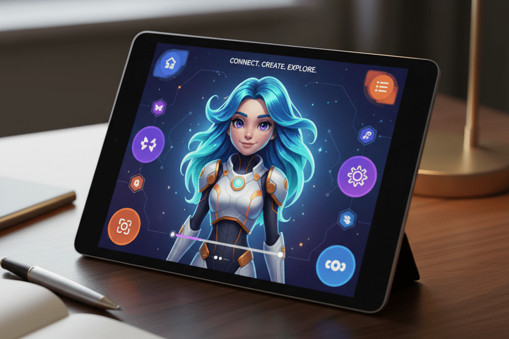 Close-up view of a digital tablet featuring an engaging virtual avatar design, softly lit by natural and ambient light