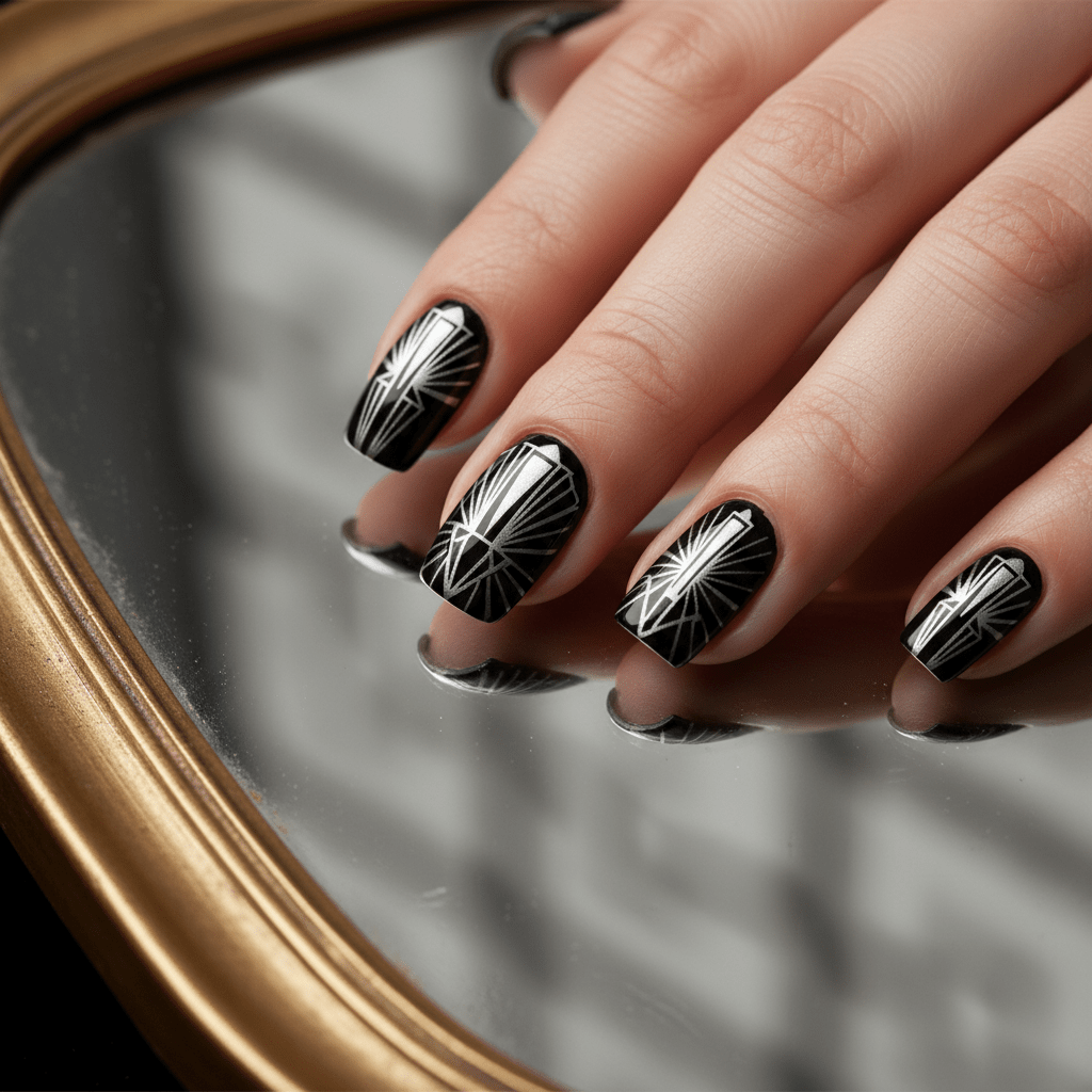 Black nails with silver Art Deco fan shapes and geometric lines rest on a gold-trimmed mirror.