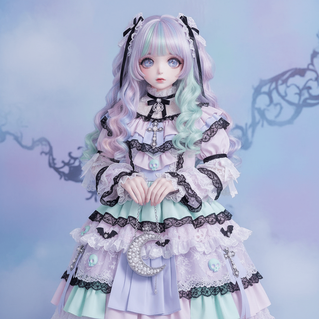 Shoujo character in pastel goth style with sparkling eyes and frilly dress.