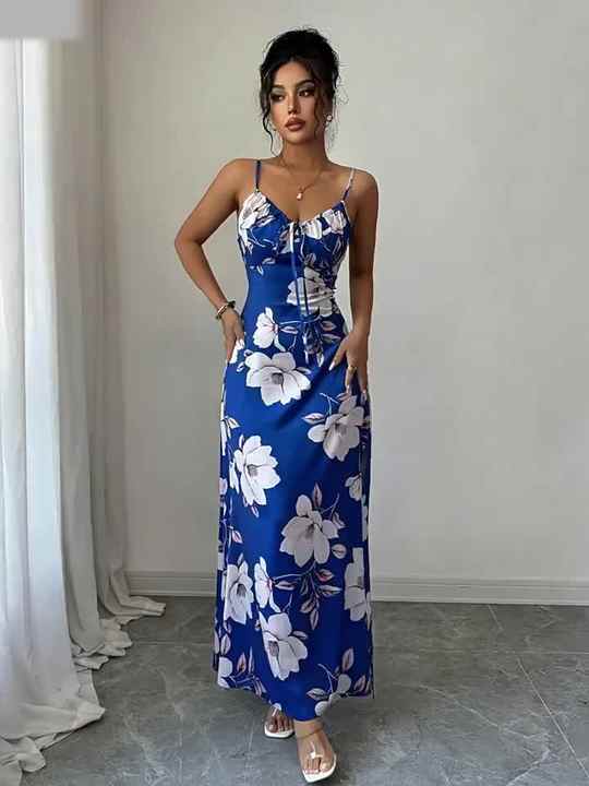D&M Women Dresses Casual Summer Midi Dresses High Quality Summer Floral  Print Custom Backless Evening Dress Fashion OEM ODM