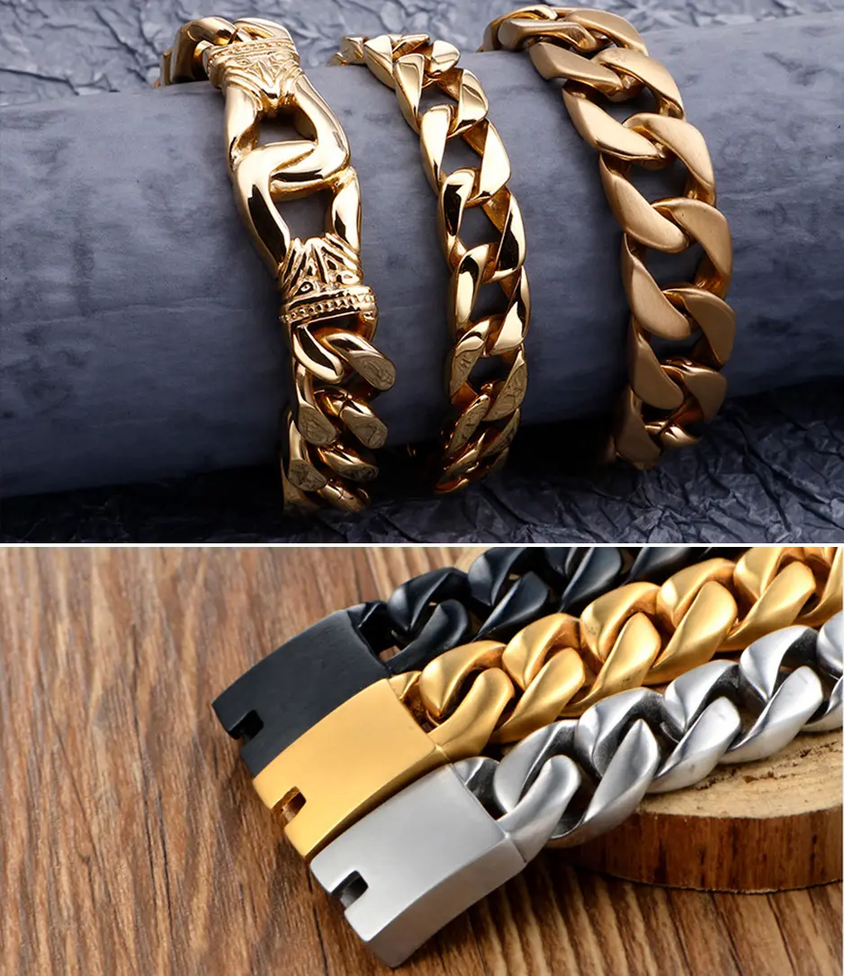 2020 new design hip hop custom chunky silver stainless steel 18k 14k gold plated cuba link chain bracelet men