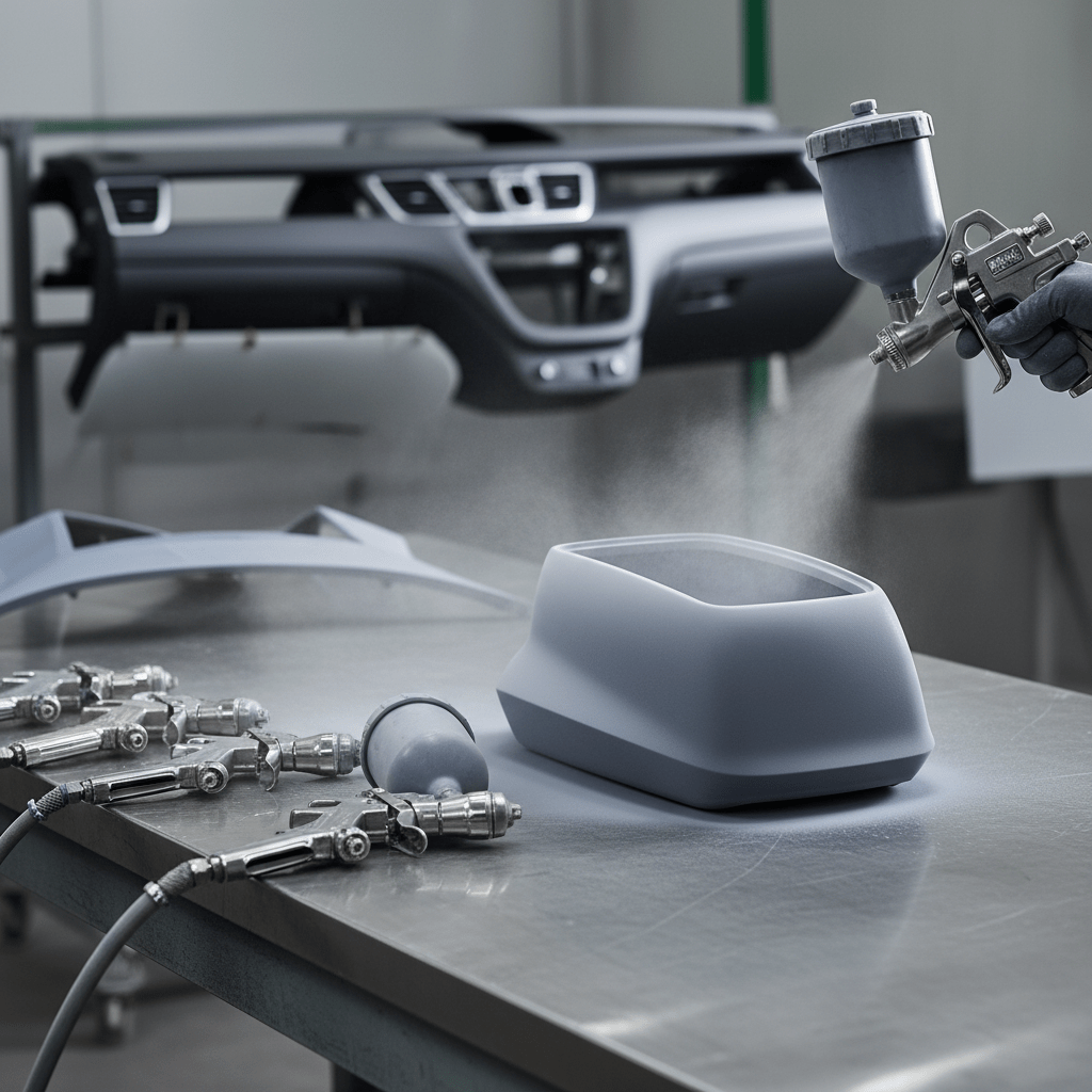 Powder coating guns on workbench applying soft-touch finish to device.