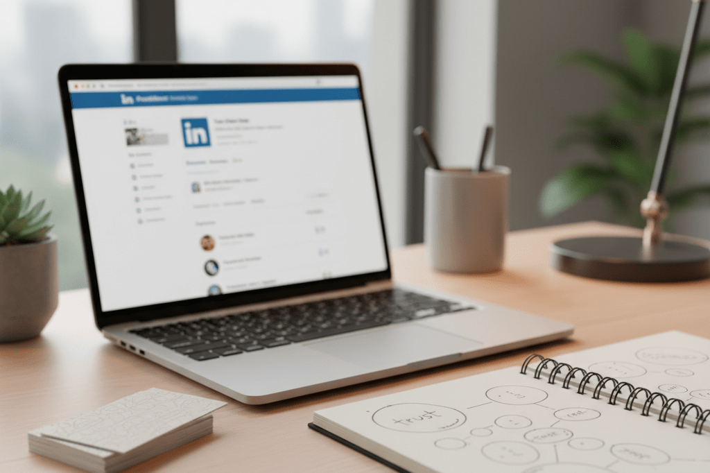 Medium shot of a modern desk with blurred LinkedIn profile on laptop, abstract business cards, and notebook sketching trust connections, lit by natural and warm ambient light