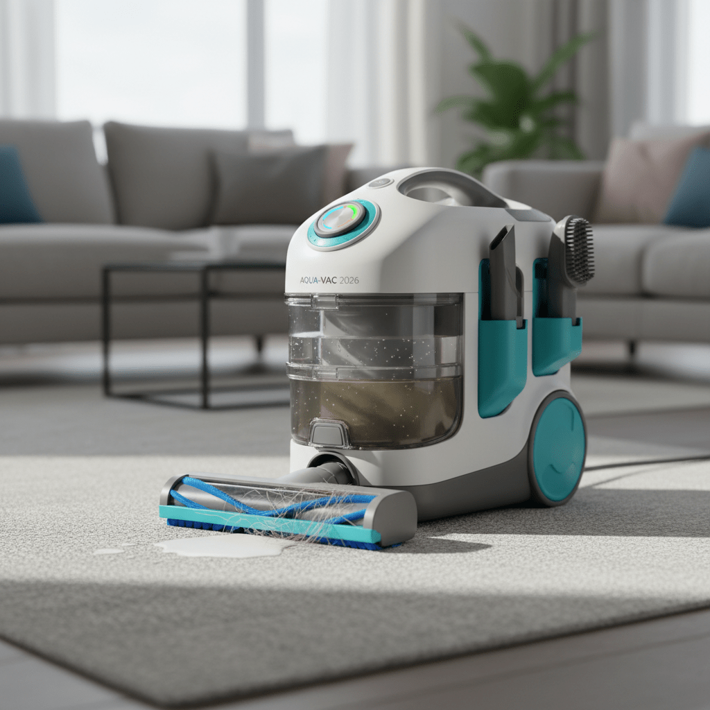 Compact wet/dry vacuum cleaner in a bright living room, featuring transparent tanks and pet hair brushes.