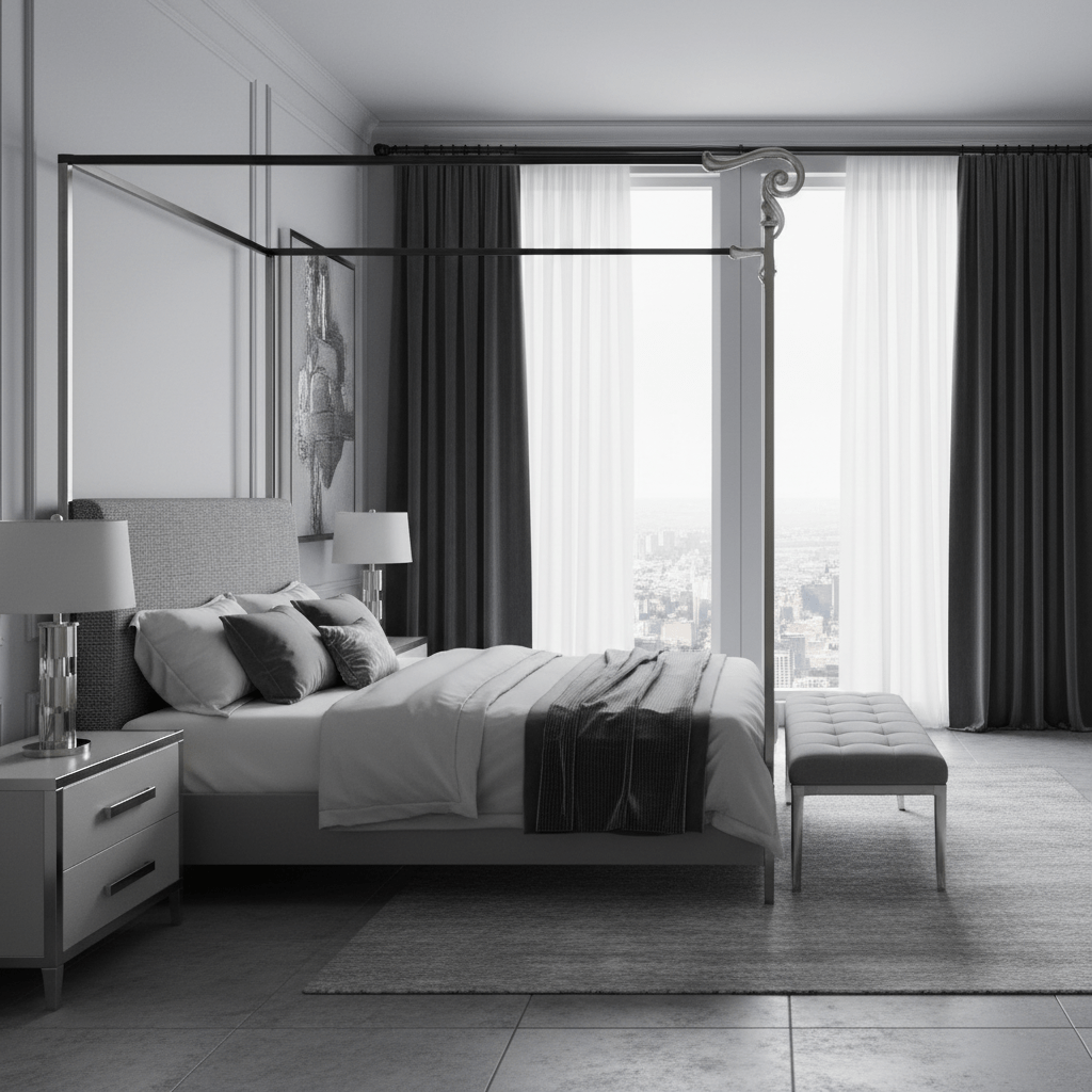 Modern bedroom with automatic charcoal velvet drapes and matte black smart rod.