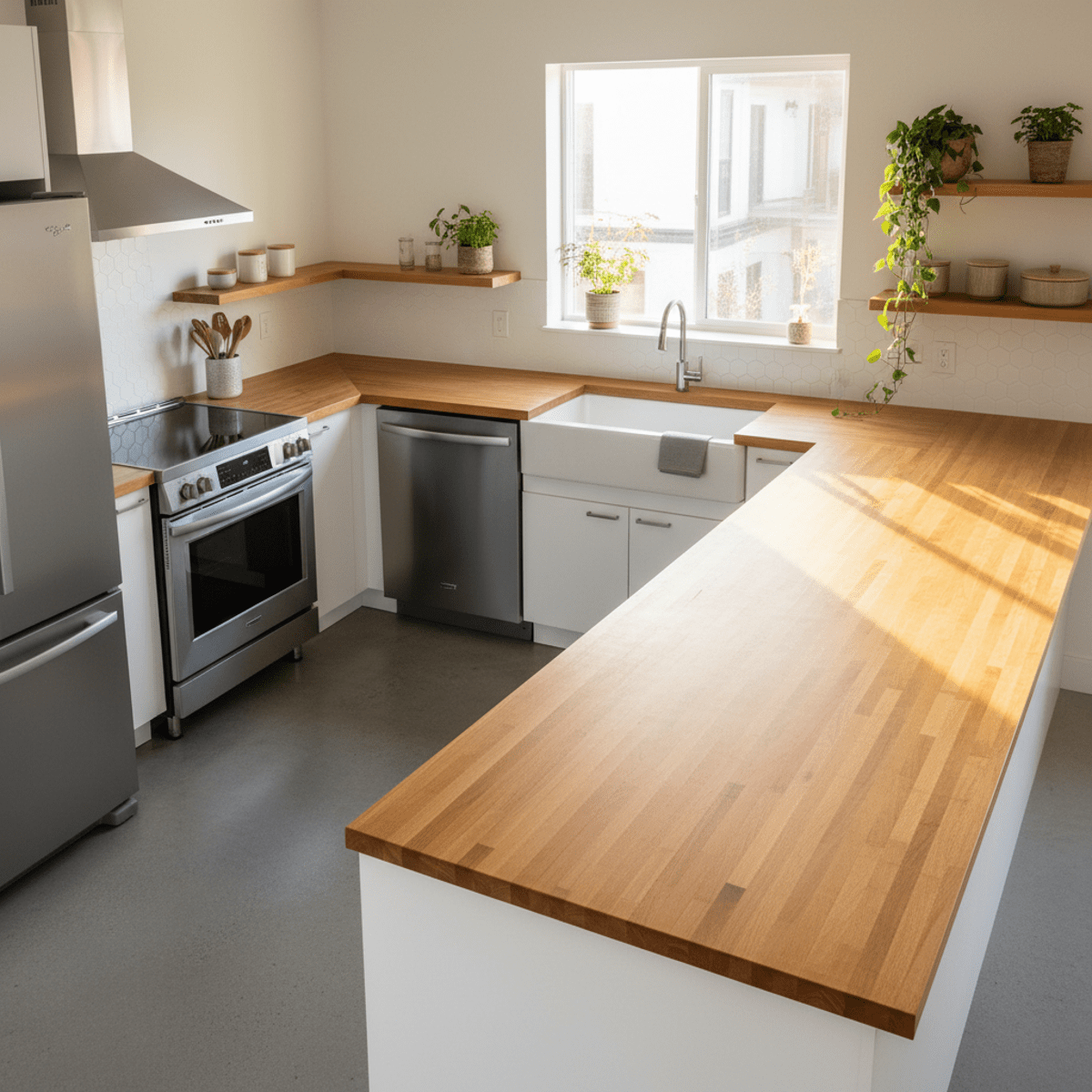 Contemporary eco-friendly kitchen with honey-blonde bamboo countertops and clean lines.