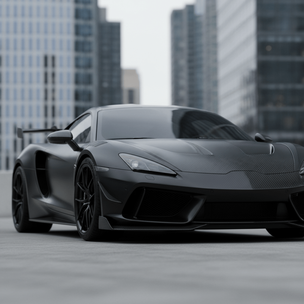 Sleek satin black car wrap with carbon fiber accents in urban setting.