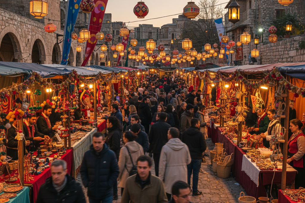 Bustling marketplace filled with vibrant decorations and traditional crafts under warm ambient lighting, reflecting diverse cultural festivities