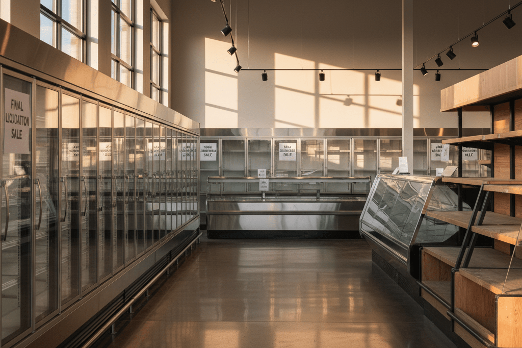 Vacant high-end market interior with empty refrigeration units and counters under natural light signaling business closure