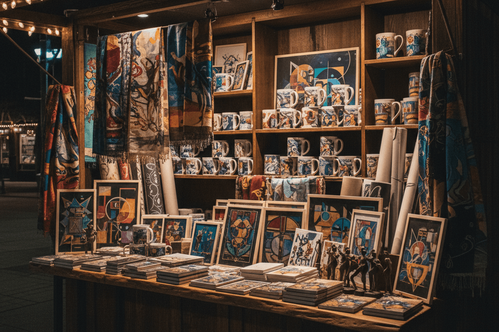 Bustling theater merchandise booth under glowing nighttime lights Wide shot of a theater merchandise booth showcasing abstract-themed items under soft ambient lighting, evoking cultural commerce