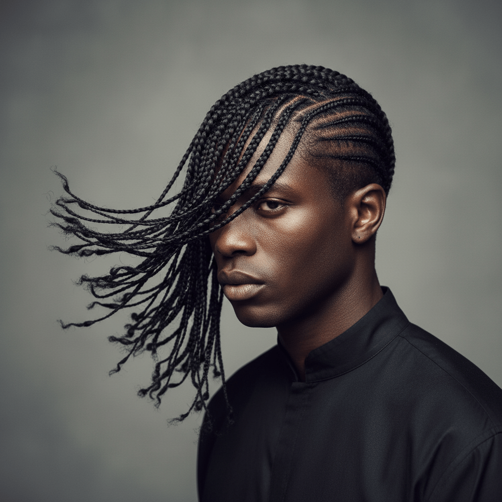 Black male with avant-garde asymmetrical braid sweep hairstyle flowing diagonally.