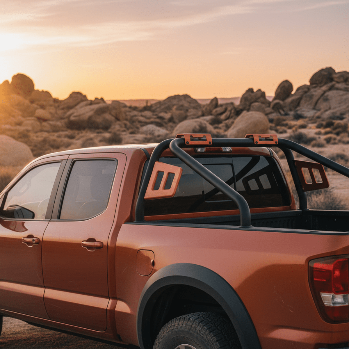 Truck with matte black roll bars in burnt orange accent, desert landscape.
