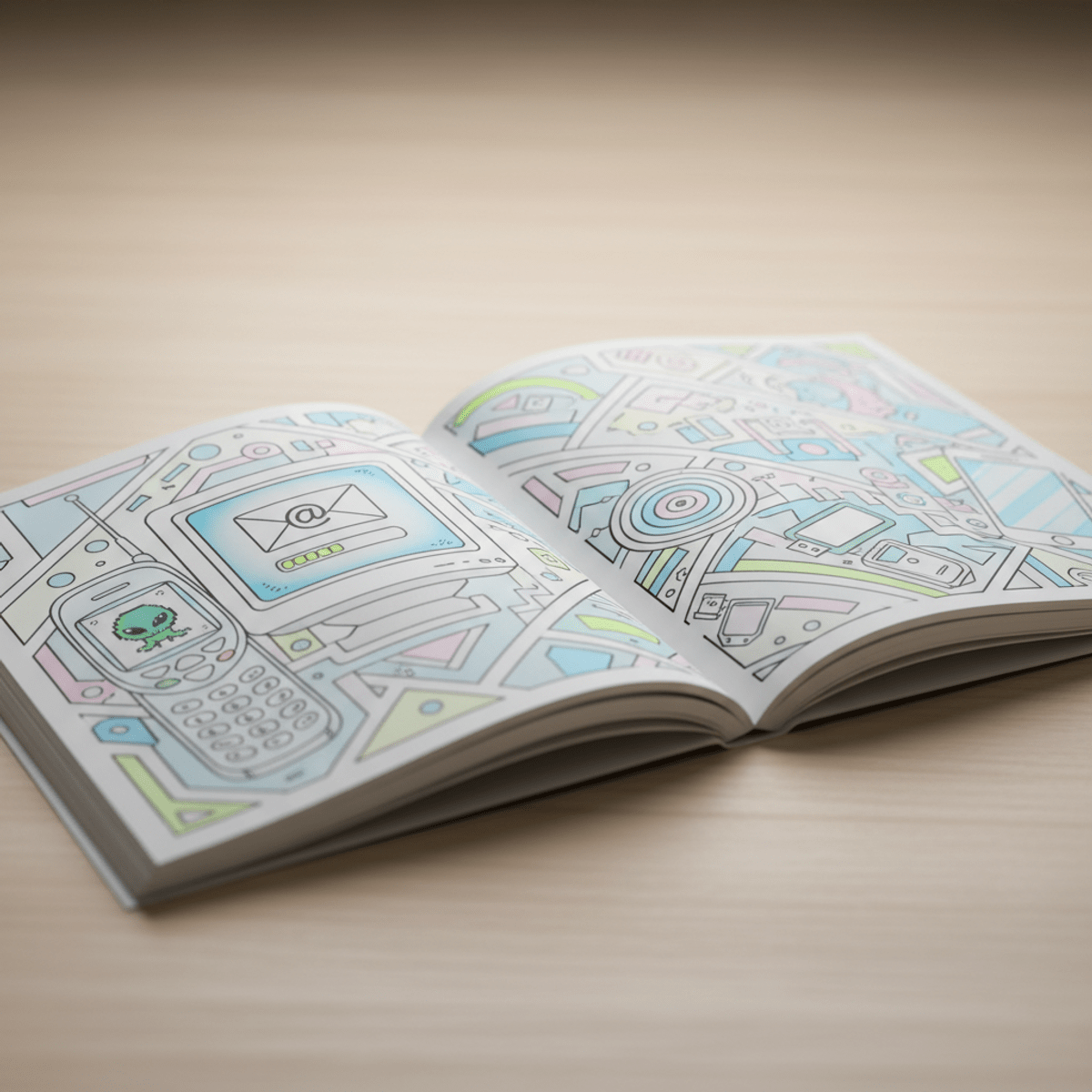 Mini coloring book open, filled with 2000s tech line art on a desk.
