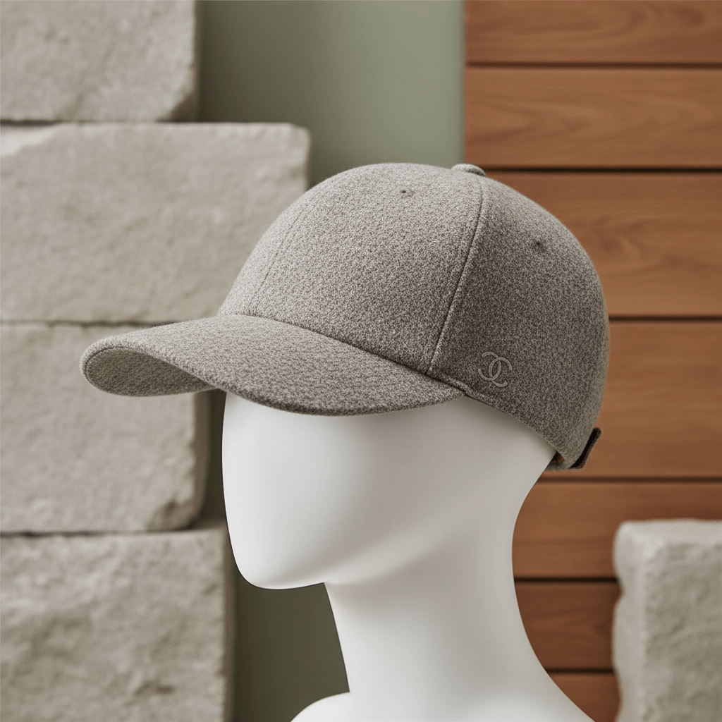 Medium shot of a textured wool cap with minimalist design and subtle curved brim.