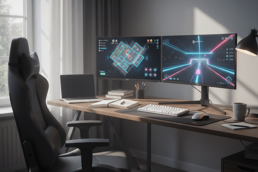 Gaming desk with dual monitors and minimal clutter under soft ambient light, representing declining engagement in digital entertainment