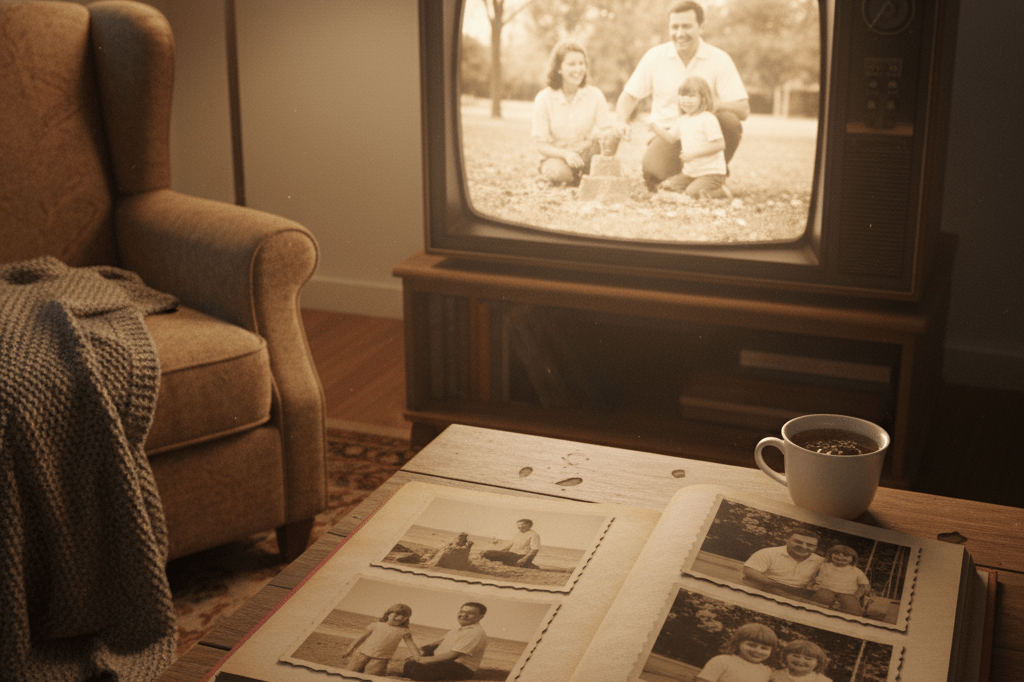 Warm living room scene with open photo album and TV, symbolizing nostalgia and emotional reconnection