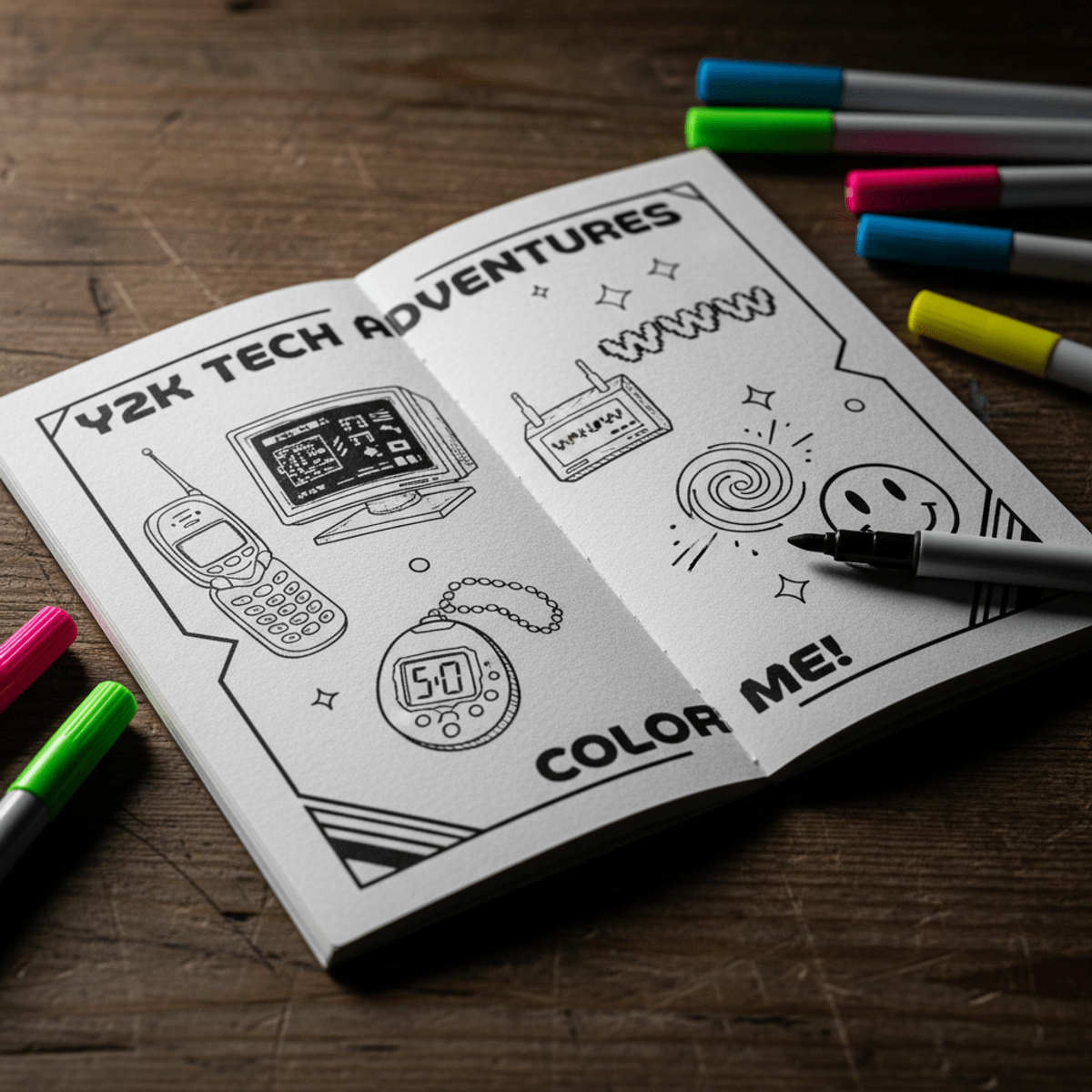 Mini coloring book with Y2K tech illustrations on a vintage wooden table.