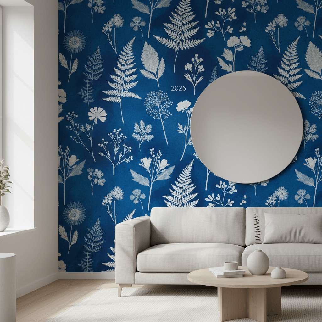Intricate white botanical silhouettes on deep archival cyanotype wallpaper.