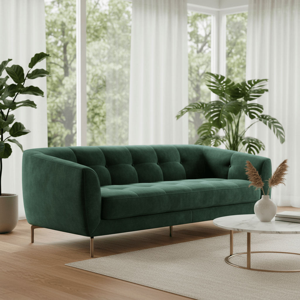 Luxurious emerald green velvet Chesterfield sofa in a modern living space.