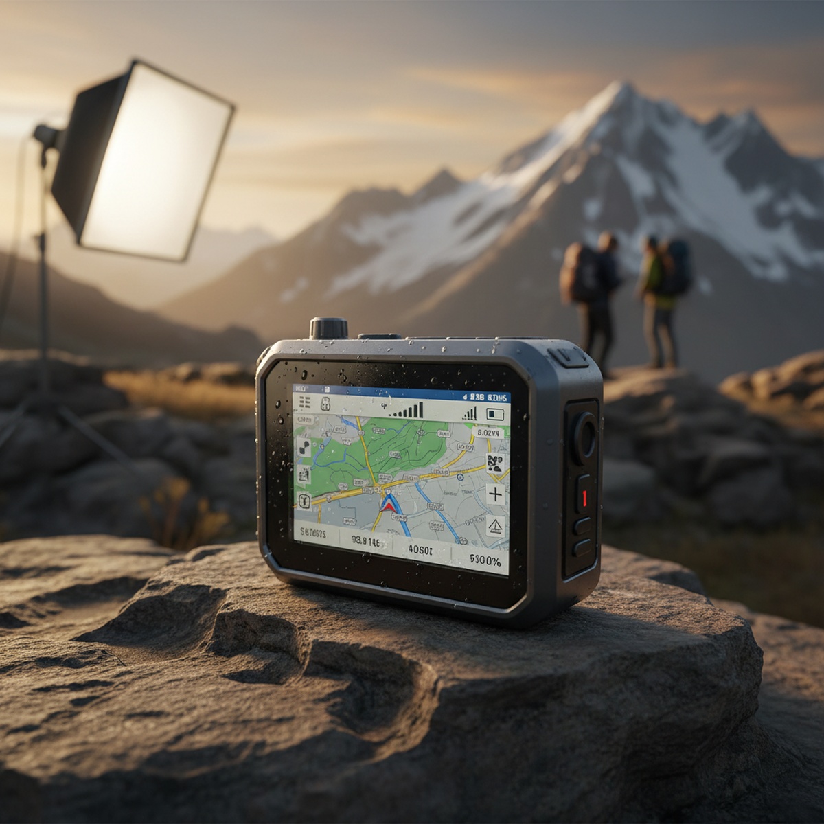 Modern long-range radio with GPS on weathered rock in wilderness at golden hour.