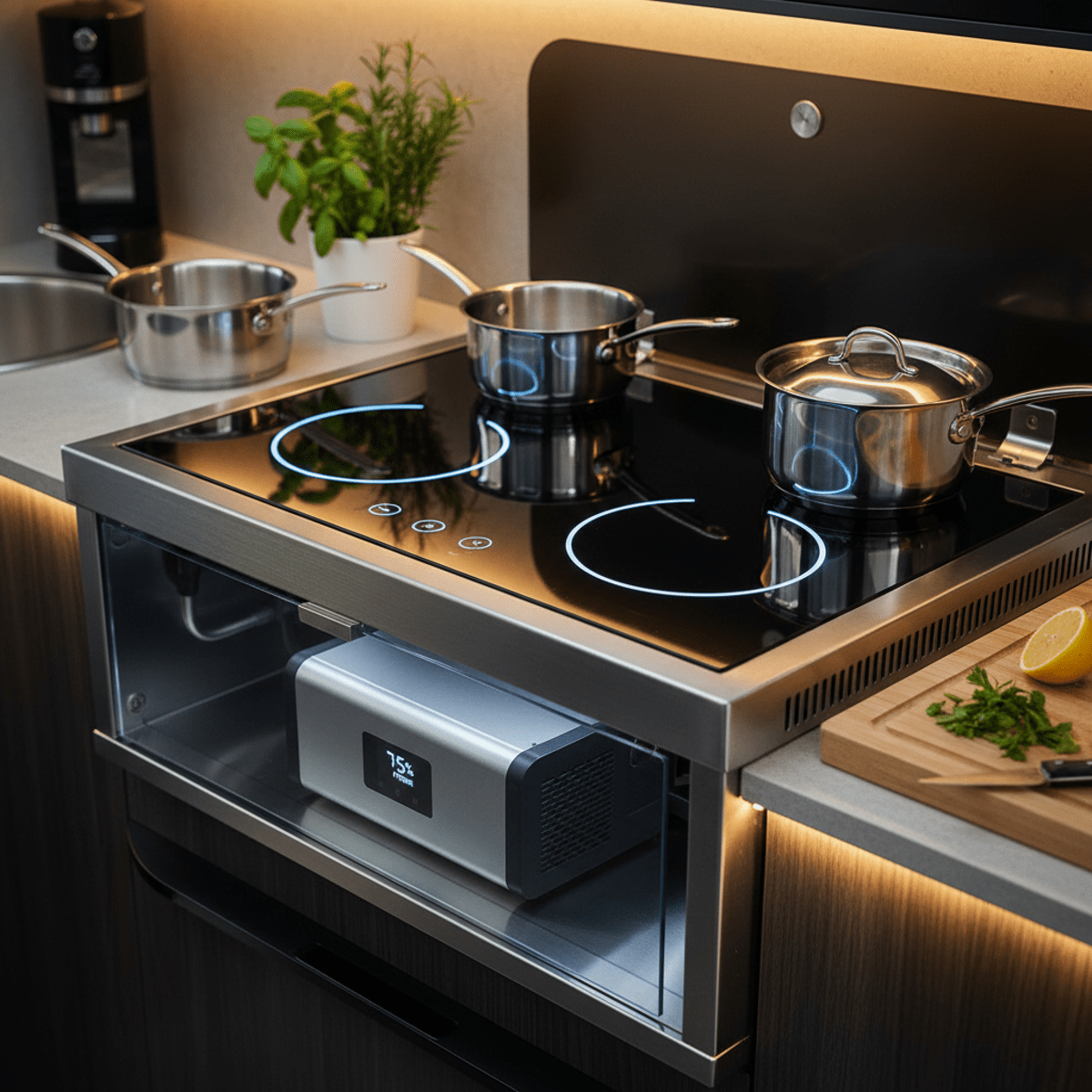 Modern portable induction stove with power station in a sleek RV kitchen.
