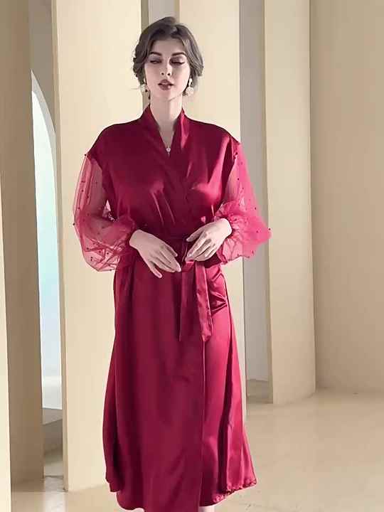 Wholesale Women's Feather Robe Silk Satin Fur Bridal Robe Long