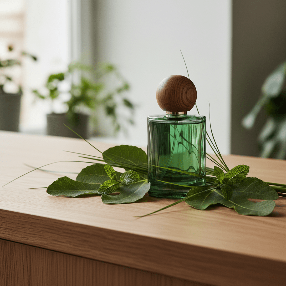 Elegant green glass cologne bottle with wooden cap on oak counter with fig leaves.