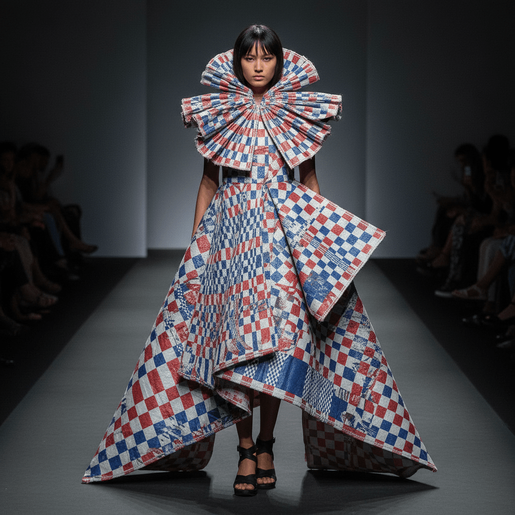 Asymmetrical flowing skirt from woven polypropylene with sharp structural panels.