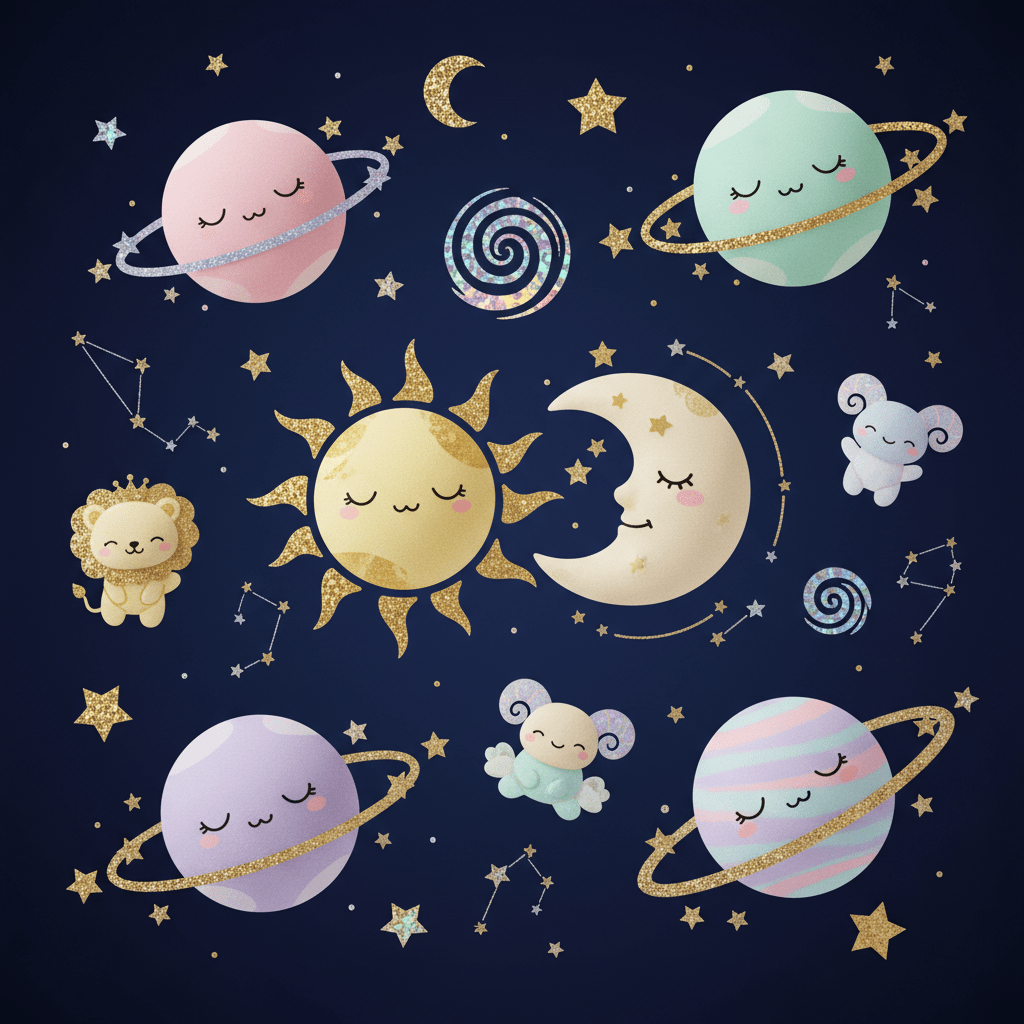 Adorable pastel cosmic scene with sleepy planets, sun, moon, and zodiac animals.