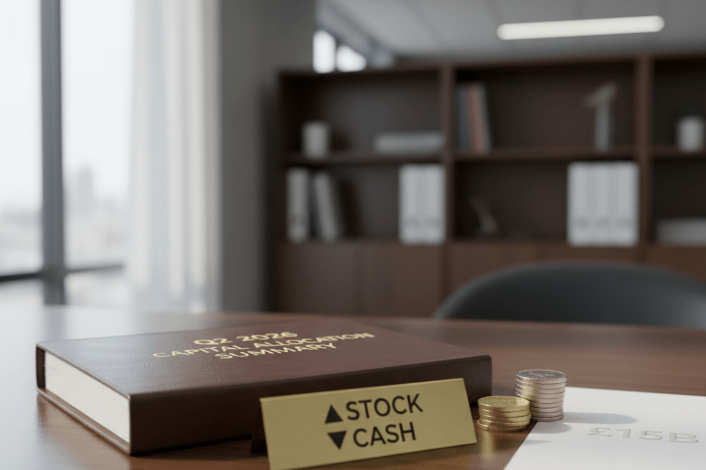 Medium shot of a clean desk with financial report, coins, and subtle monetary watermark under natural office lighting