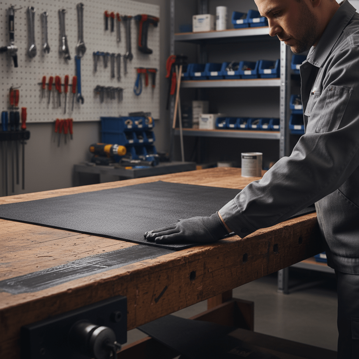 Technician carefully installing large black rubber sheets onto a wooden workbench with contact cement.