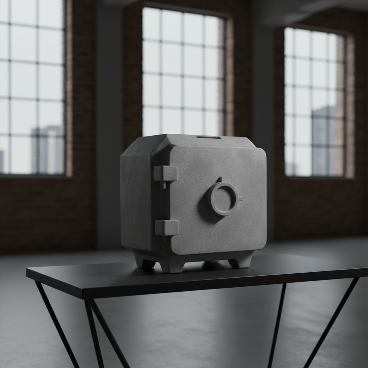 Industrial concrete piggy bank with a vault shape. Sculptural grey concrete piggy bank with faceted geometry on a black metal table.