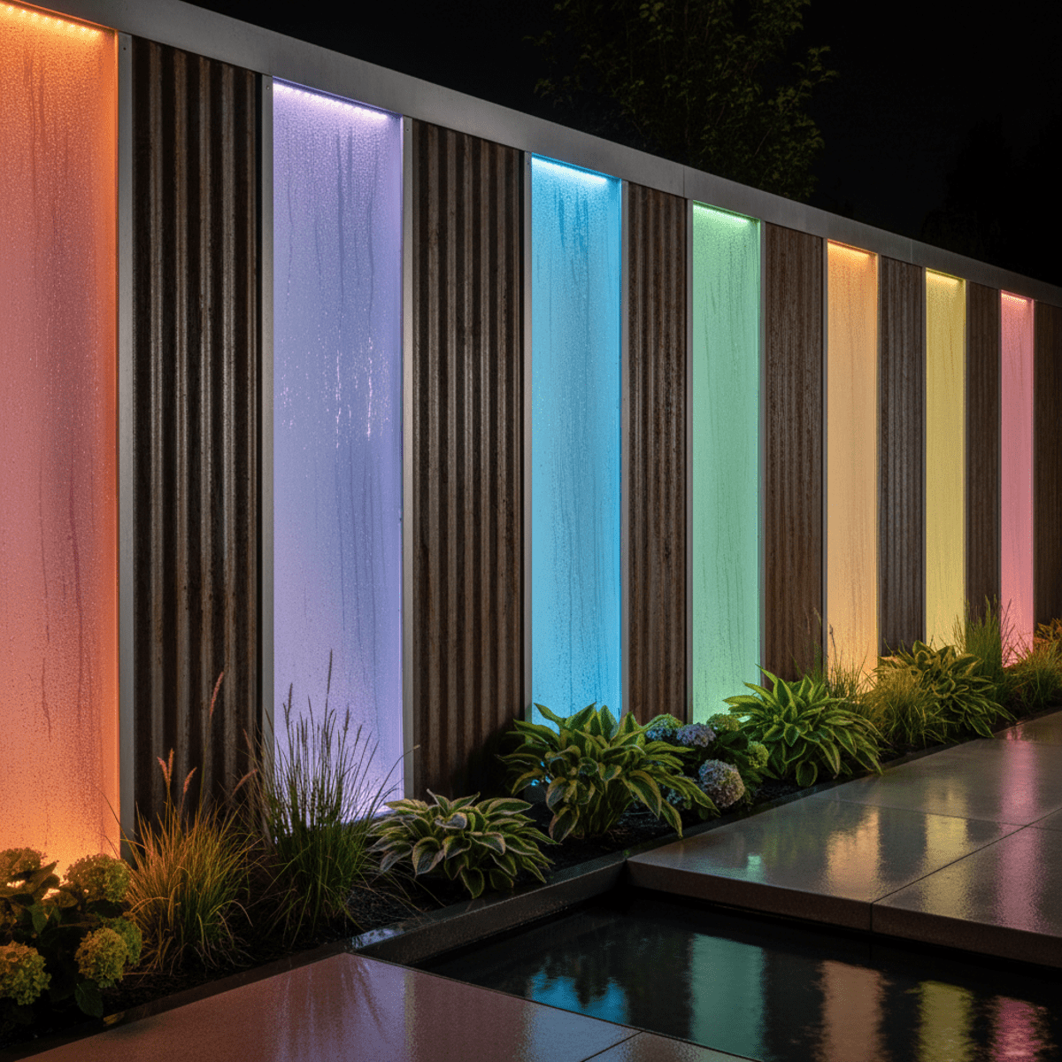 Corrugated metal fence with translucent LED sections glowing with ambient light.