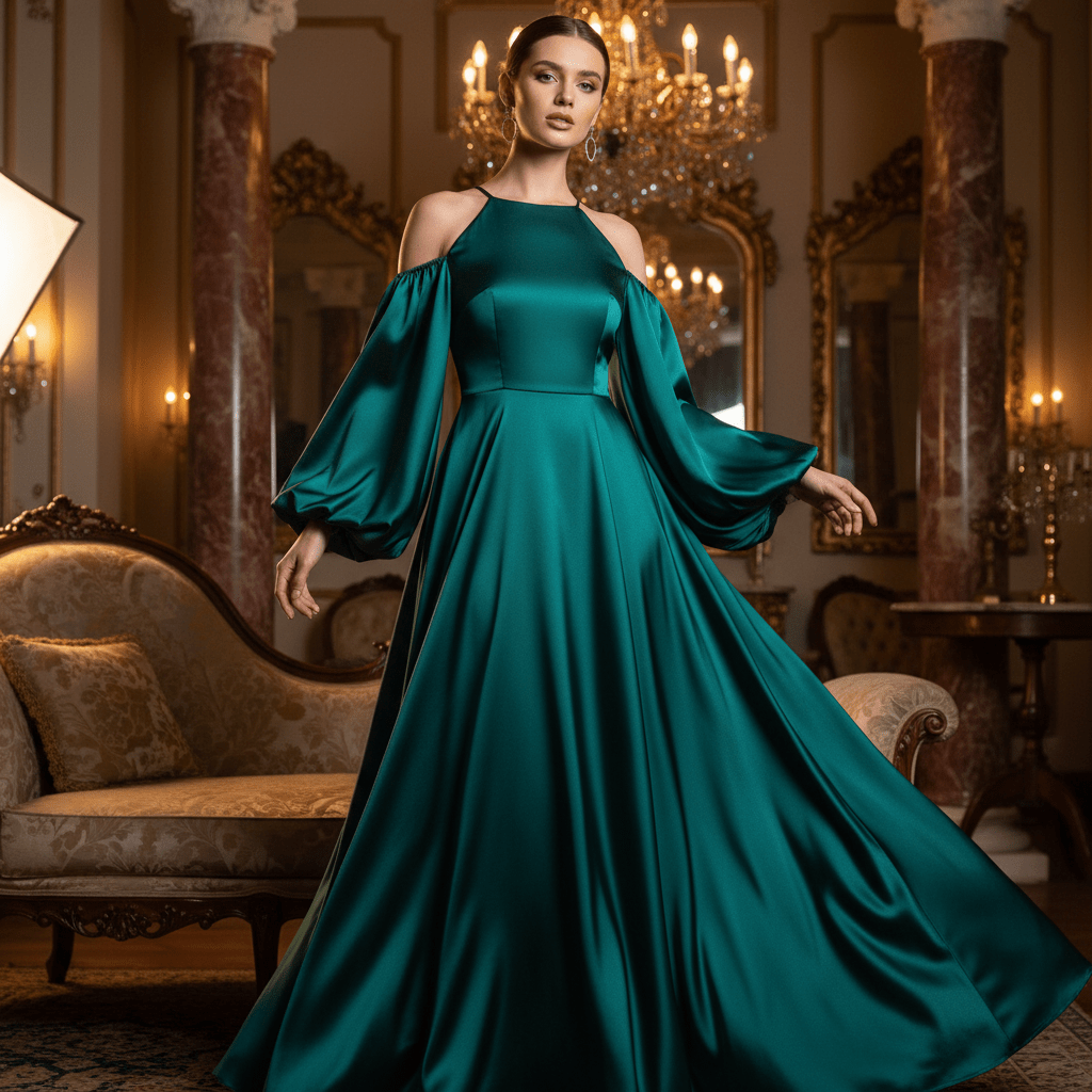 Deep jewel tone cold shoulder dress with voluminous bishop sleeves in lustrous satin.