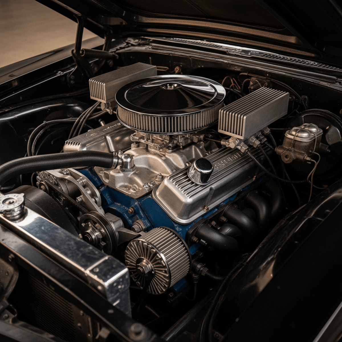 Close-up of a vintage muscle car engine with gunmetal grey and black components.