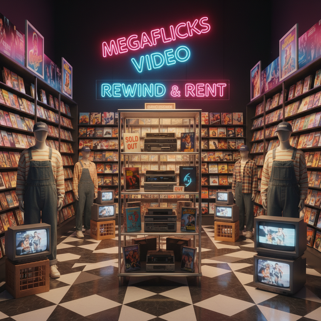 Nostalgic 1990s video rental pop-up in 2026 with VHS cases and neon signs.
