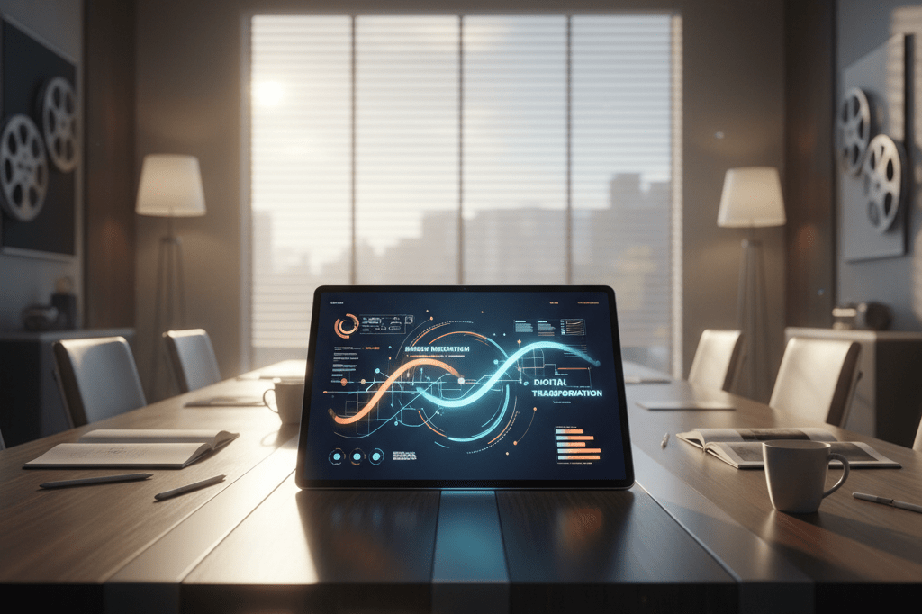 Sleek office tablet displaying abstract growth charts under warm light, symbolizing data-driven entertainment strategy