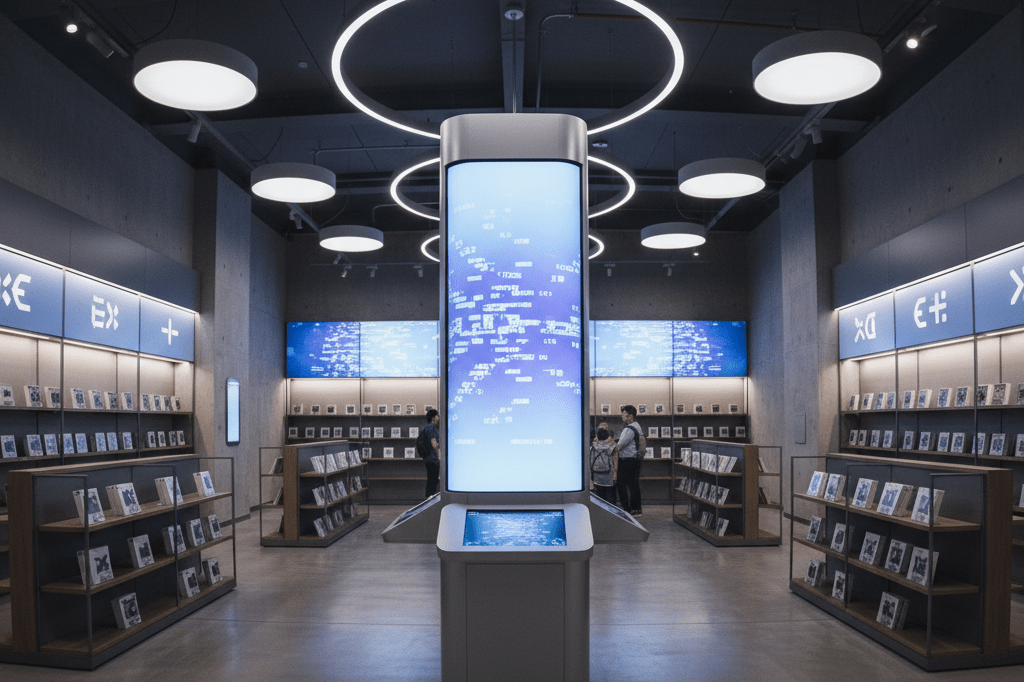 Wide shot of gaming store featuring digital kiosk, reduced physical displays under natural light