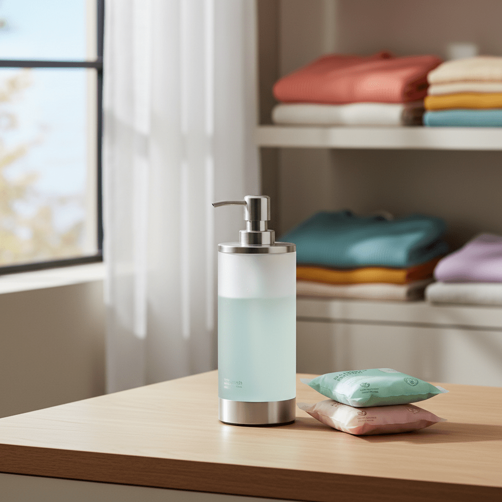 Bleach dispenser with refill pouches on a wooden countertop in a modern laundry room.