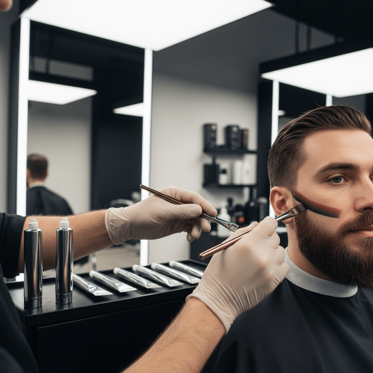 Precision application of beard dye defining geometric cheek lines and edges with a brush.