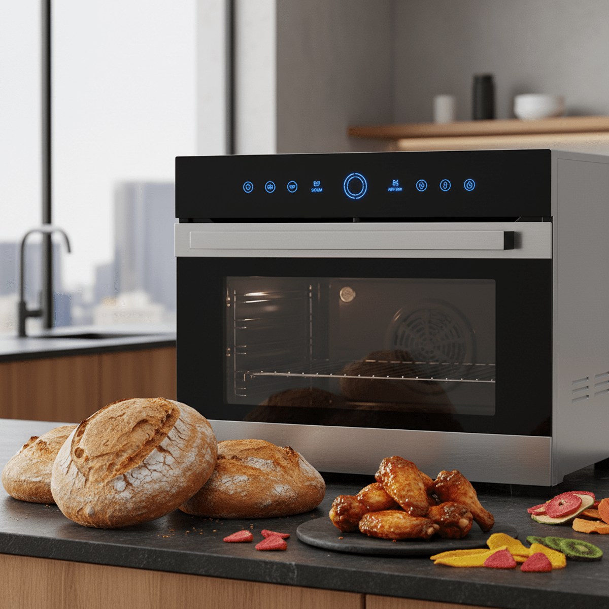Sleek black oven displays baked goods and dried fruits with illuminated digital controls.