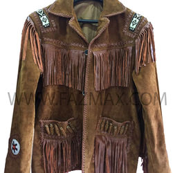 HOMENS JAQUETA CASACO de COURO OCIDENTAL do VAQUEIRO Tradicional COM FRANJA de OSSO E CONTAS