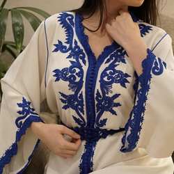New Arrival 2021 White Color Chiffon & Silk Fabric Moroccan Caftan With Very Good Silk Thread Hand Embroidery For Arab Woman