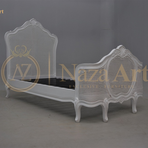 rattan single bed white frame solid mahogany wood , Aqma Furniture , Jepara , www.aqmafurniture.com