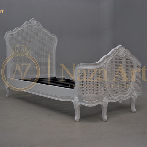 rattan single bed white frame solid mahogany wood  , Aqma Furniture , Jepara , www.aqmafurniture.com