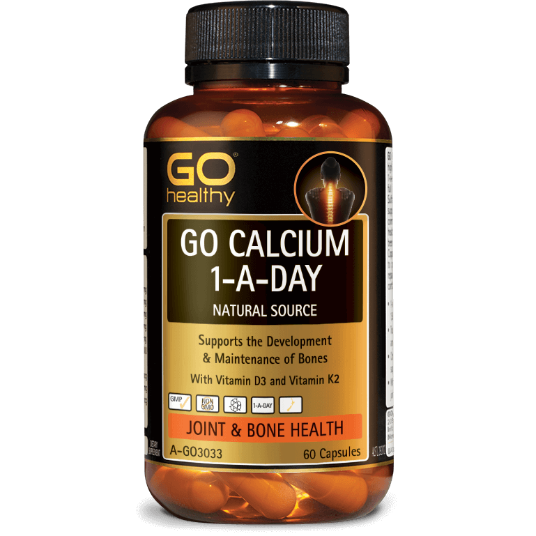 Природный источник кальция 1-A-DAY от GO Healthy-60 капсул-с витамином D3 и витамином K2-Сделано в Новой Зеландии