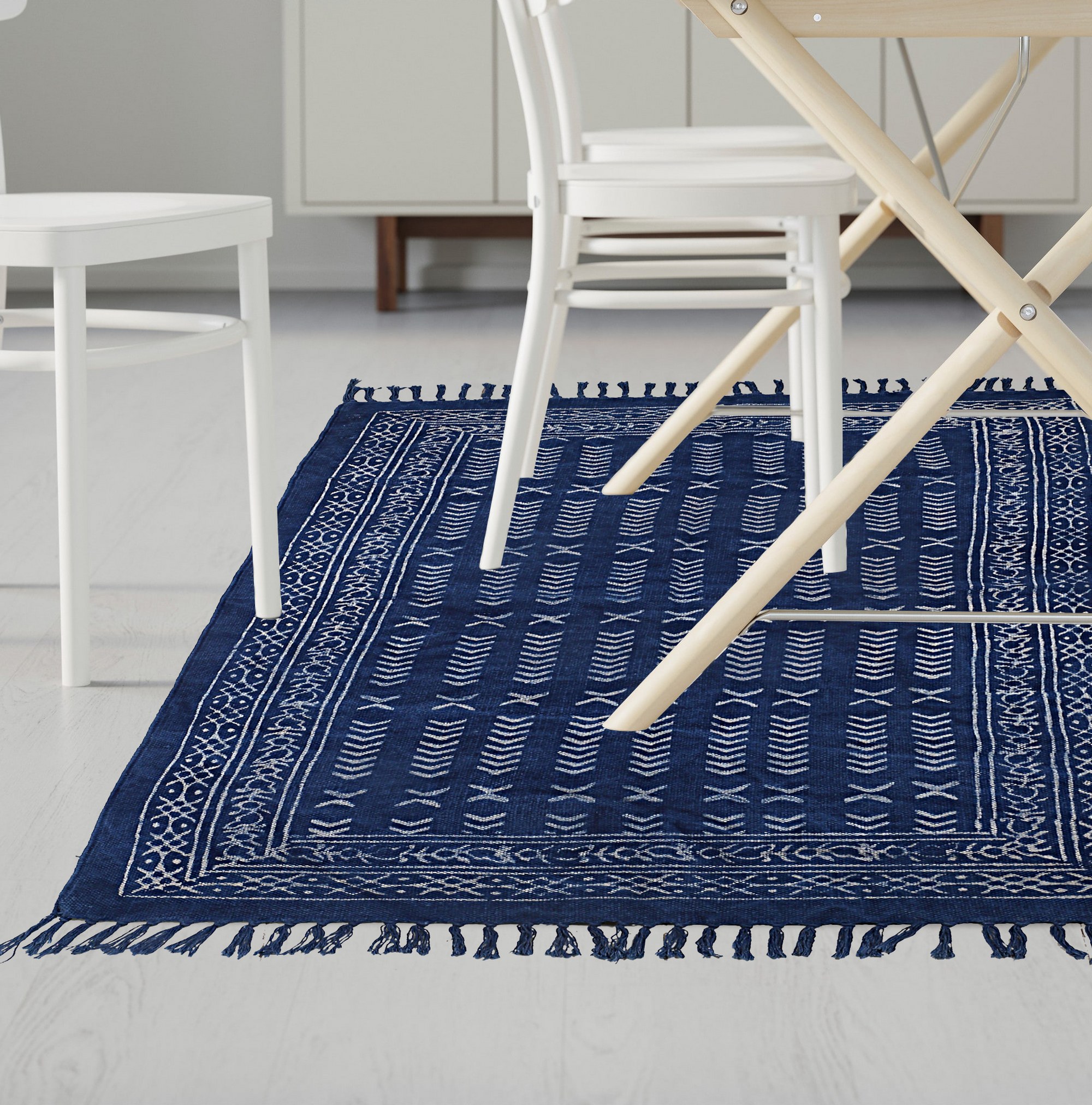 Indigo Blue Cotton Block Print Accent Area Dhurrie Rug Woven Weave Indian Carpet