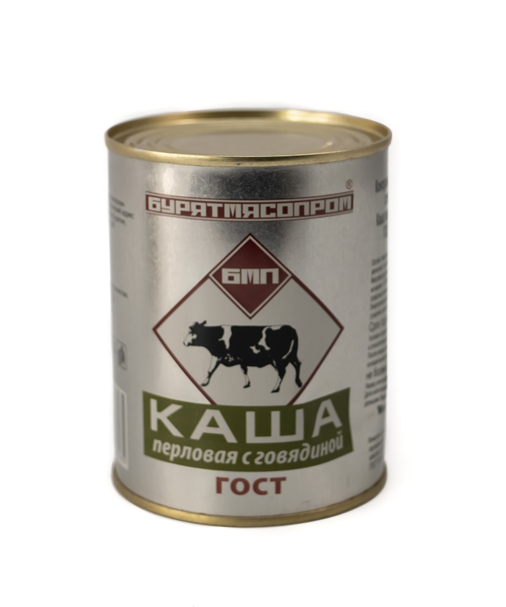 Консервированное мясо, жемчужная каша ячменя с говядиной