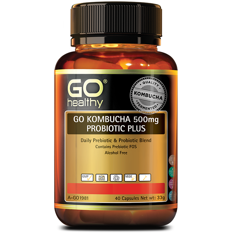 GO Healthy KOMBUCHA 500 мг пробиотик плюс-40 вегетапсул-Сделано в Новой Зеландии