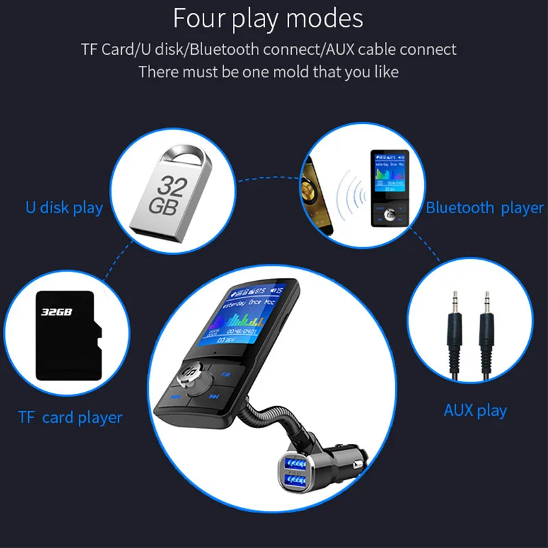 Best selling  Big Screen Bluetooth Car Charger 2 Usb Ports With Qc3.0 Voice Assistant BC43